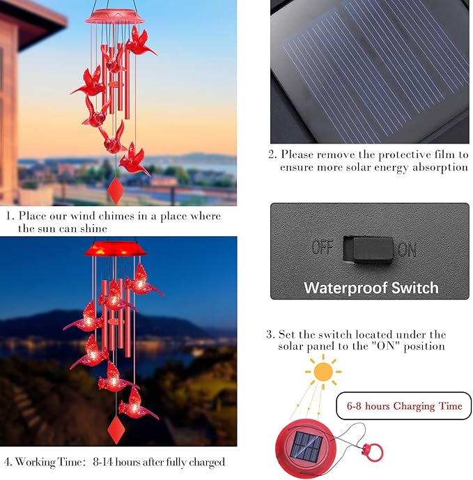 Solar Wind Chimes for Outside - 37" WANQDG 6 LED Cardinal Bird Wind Chime Light with 4 Red Metal Tube, Music Wind Chimes Great as a Gift for Women mom Grandma Best Friends' Birthday Gift