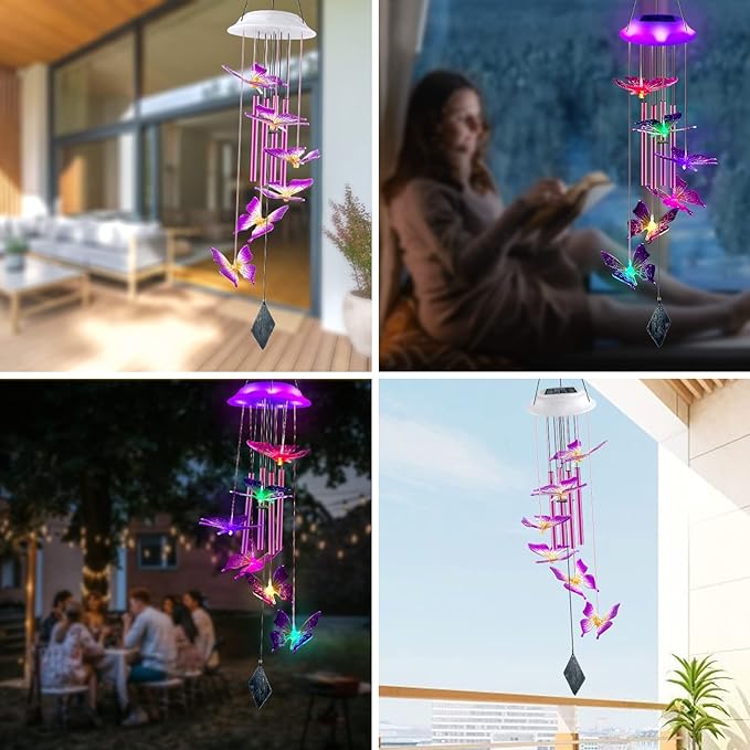 Lightalent Solar Butterfly Wind Chimes, Gifts for Mom Women, Glowing Top Changing Colors LED Wind Chime for Outside with 4 Iron Tubes, Outdoor Decor Mobile for Garden Yard (Purple)