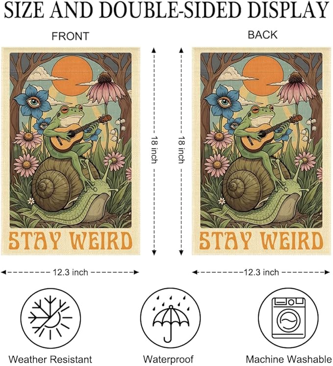 Stay Weird Garden Flag Double Sided Yard Outdoor Decoration 12x18 Inch, Retro Tarot Frog Outdoor Yard Garden Flag, Spring Floral Frog Home Decor Banner, Home Gifts for Gardening Enthusiasts