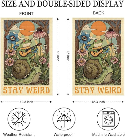 Stay Weird Garden Flag Double Sided Yard Outdoor Decoration 12x18 Inch, Retro Tarot Frog Outdoor Yard Garden Flag, Spring Floral Frog Home Decor Banner, Home Gifts for Gardening Enthusiasts
