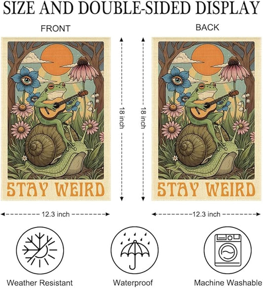 Stay Weird Garden Flag Double Sided Yard Outdoor Decoration 12x18 Inch, Retro Tarot Frog Outdoor Yard Garden Flag, Spring Floral Frog Home Decor Banner, Home Gifts for Gardening Enthusiasts