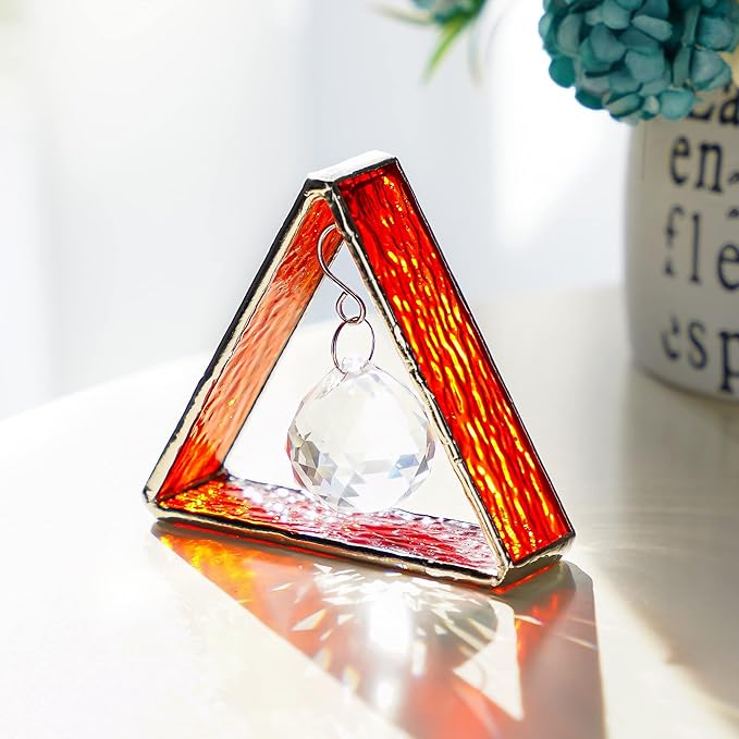 H&D HYALINE & DORA Handcrafted Pyramid in Stained Glass, Stained Glass Window Sun Catcher Hangings Ornament, Crystal Ball Prism Decor for Home Table,Orange