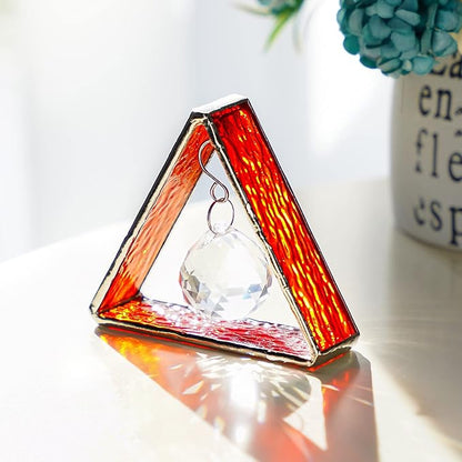 H&D HYALINE & DORA Handcrafted Pyramid in Stained Glass, Stained Glass Window Sun Catcher Hangings Ornament, Crystal Ball Prism Decor for Home Table,Orange