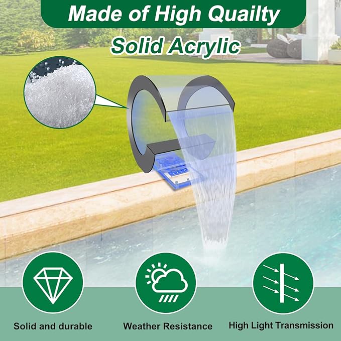 LONGRUN J-Shaped Waterfall Spillway Acrylic Swimming Pool Fountain with Color Changing LED Light, Outdoor Pond Waterfalls Kit for Garden Patio Swimming Pool Koi Ponds Decoration -13.6" Height
