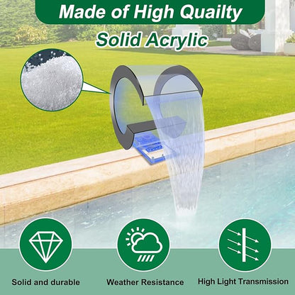 LONGRUN J-Shaped Waterfall Spillway Acrylic Swimming Pool Fountain with Color Changing LED Light, Outdoor Pond Waterfalls Kit for Garden Patio Swimming Pool Koi Ponds Decoration -13.6" Height