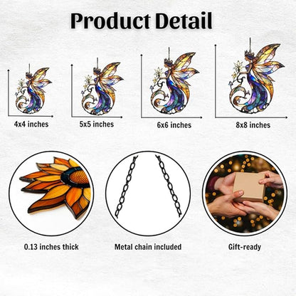 Flowers Fairy Acrylic Suncatcher Stained Glass Effect Window Car Hanging Christmas Ornament Indoor Outdoor Decor Garden Sun Catcher Panel for Fairy Lover for Women Mom Grandma