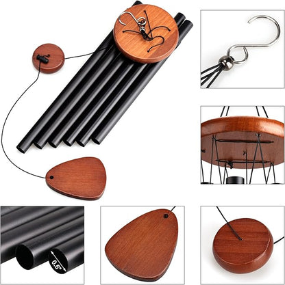 Wind Chimes for Outside Large Outdoor - Memorial Wind Chime Large Deep Tone, Wooden Black Aluminum Chime with 6 Tuned Tubes, Great as a Gift for Home Decor, Patio, Garden and Backyard