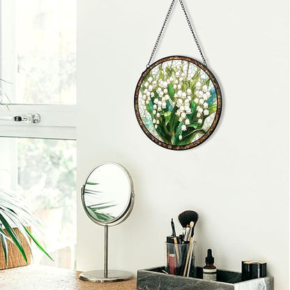 Stained Glass Window Hanging White Green Lily of The Valley 7.8 Inch Wildflowers Suncatcher Glass Panel Boho Window Decor with Chain Round Glass for Garden Wall Birthday Party Gifts