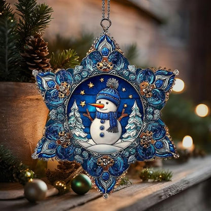 Cute Snowman Giving Presents Mosaic Snowflake Acrylic Suncatcher Stained Glass Effect Window Car Hanging Christmas Ornament Indoor Outdoor Decor Garden Sun Catcher Panel for Women Mom Grandma