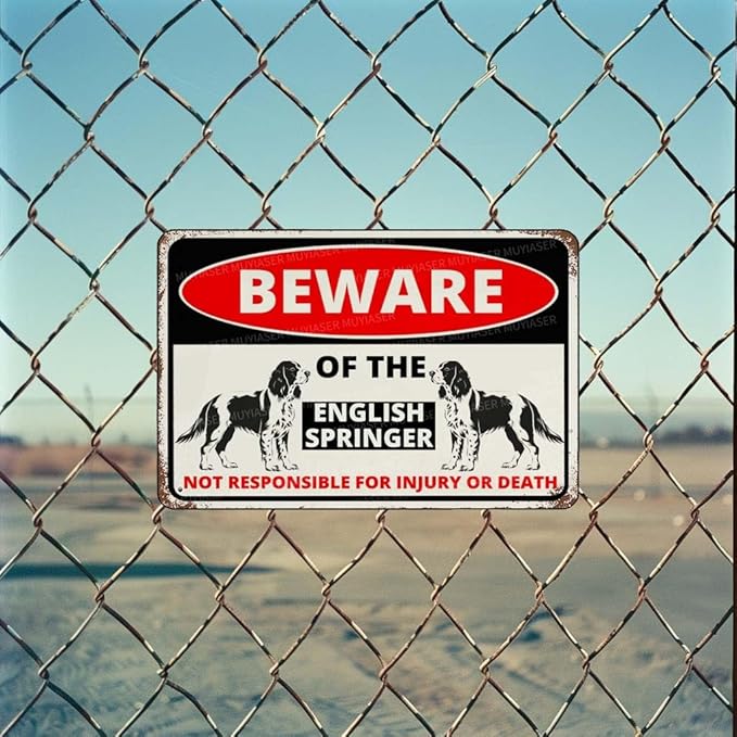 Beware Of The Dog English Springer Sign Aluminum Metal Tin Signs Outdoor Yard Sign Warning Sign For Fence Yard Home Kitchen Farm Garden Wall Decor 8x12 Inch