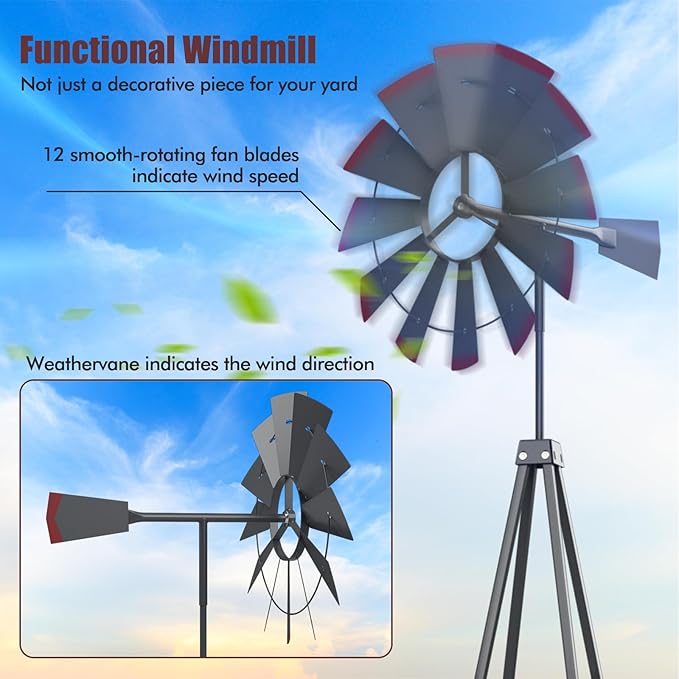 DREAMADE 8ft Steel Windmill, Farmhouse Windmill Decoration with Directional Vane, 4 Anchoring Stakes & Reinforced Base, Weather-Ready Garden Spinner for Backyard, Garden, Patios, Rural Areas (Grey)