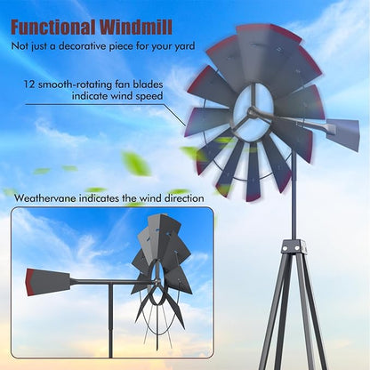 DREAMADE 8ft Steel Windmill, Farmhouse Windmill Decoration with Directional Vane, 4 Anchoring Stakes & Reinforced Base, Weather-Ready Garden Spinner for Backyard, Garden, Patios, Rural Areas (Grey)