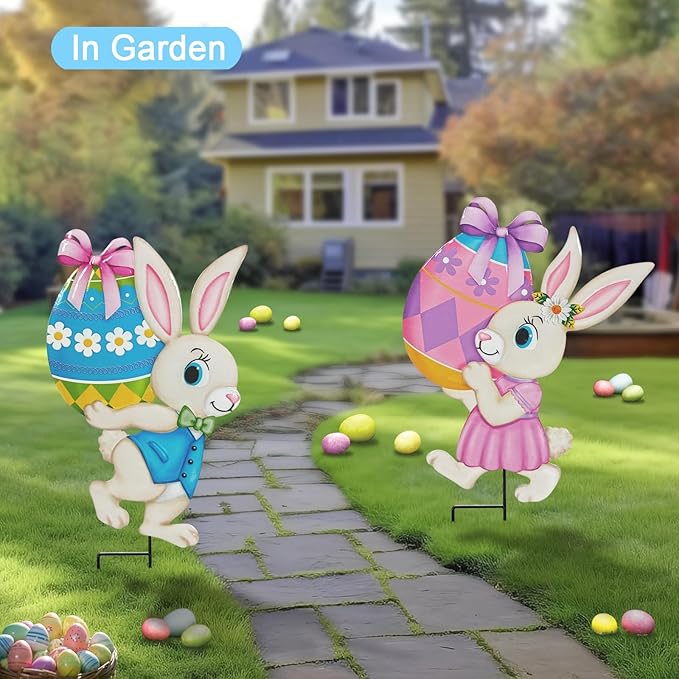 Easter Decorations Outdoor,2 Pack Metal Easter Egg Bunny Yard Signs for Outside,Cute Bunny Garden Stakes for Lawn,Yard,Rabbit Gifts for Women