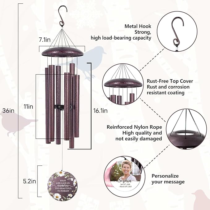ASTARIN Personalized Deep Tone Wind Chime Memorial, Customized Sympathy Wind Chimes, Memory Wind Chimes for Loved Ones Lost, Bereavement Gifts Windchimes Outdoor, Produced in USA