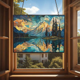 Rectangle Mosaic Mountain Reflection Lake Stained Glass Window Hanging, 15" W X 11" H Stained Glass Panel with Chain, Suncatchers for Windows Hanging Decorations, Gifts for Mom, Grandma