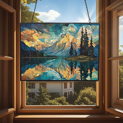 Rectangle Mosaic Mountain Reflection Lake Stained Glass Window Hanging, 15" W X 11" H Stained Glass Panel with Chain, Suncatchers for Windows Hanging Decorations, Gifts for Mom, Grandma
