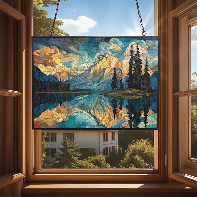 Rectangle Mosaic Mountain Reflection Lake Stained Glass Window Hanging, 15" W X 11" H Stained Glass Panel with Chain, Suncatchers for Windows Hanging Decorations, Gifts for Mom