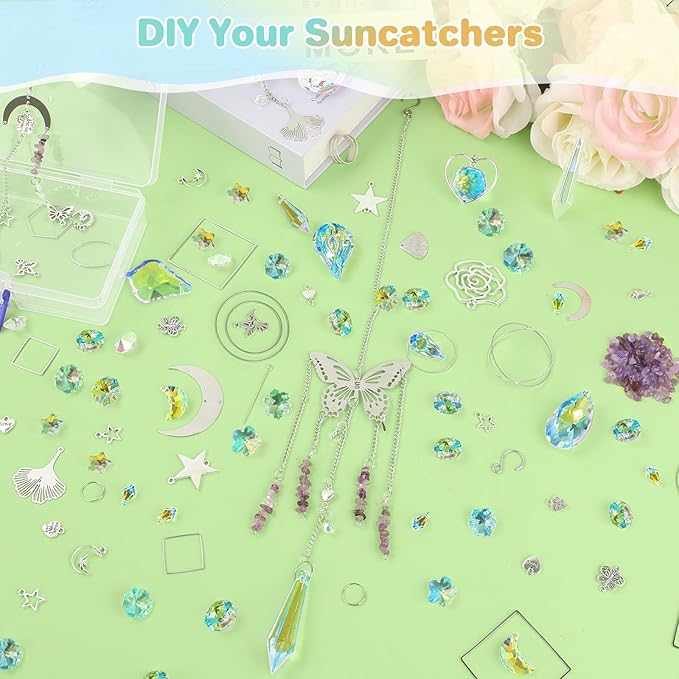 FACIACC 407 Pcs DIY Crystal Suncatcher, Sun Catchers Making Kits Craft with Hooks for Adults, Hanging Decorative with Chain Crystals Rainbow for Indoor Outdoor Garden Windows and Party Decor