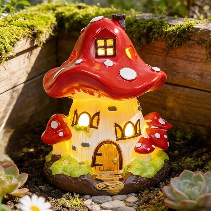 Exasinine Mushroom House Statue Fairy Garden House Figurines Mushroom Garden Statue Decor for Indoor Outdoor Decoration Art Decorations Patio Yard Lawn Ornaments Gift