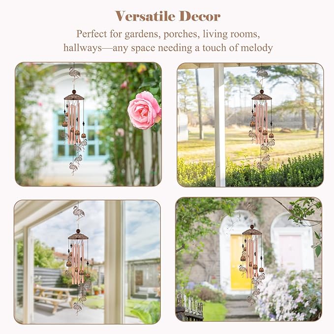 Flamingo Wind Chimes for Outside, Metal Flamingo Gifts for Women/Mom, Birthday Memorial Windchimes Outdoors, Retro Garden Decor for Outside Patio Yard, Unique Bird Lover Decorations