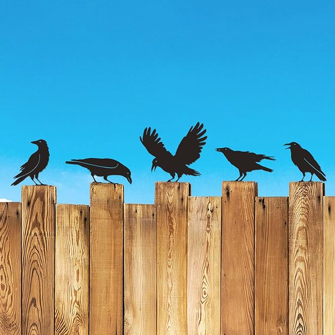 Raven Crow Fence Topper Decor, Metal Garden Birds Black Silhouette Statue, Halloween Witchy Gothic Ornament for Yard Fence, Fake Crow Home Garden Decoration (Rustic)