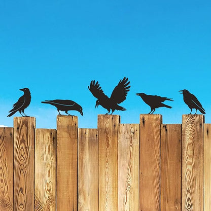 Raven Crow Fence Topper Decor, Metal Garden Birds Black Silhouette Statue, Halloween Witchy Gothic Ornament for Yard Fence, Fake Crow Home Garden Decoration (Rustic)