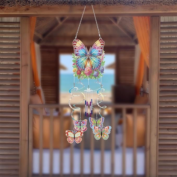 DIY Wind Chime Pendant Spring 3D Diamond Art Painting Hanging Ornament Double Sided Diamond Suncatchers for Window Home Backyard Garden Wall Door Decor-Butterfly01
