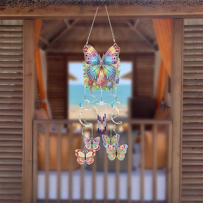 DIY Wind Chime Pendant Spring 3D Diamond Art Painting Hanging Ornament Double Sided Diamond Suncatchers for Window Home Backyard Garden Wall Door Decor-Butterfly01