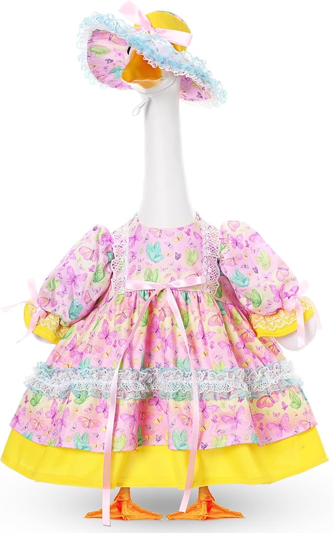 FuWeave Spring Goose Outfit Flower Porch Goose Clothes for 23" Large Statue Outdoor Patio Yard Lawn Art Decoration(Butterfly B,23 inch)
