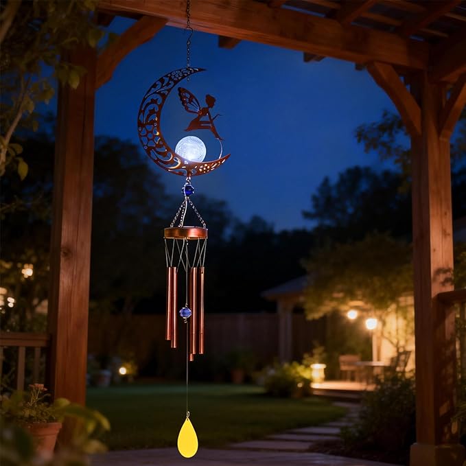 Taman Wind Chime - 43.5" Fairy Solar Wind Chimes Valentine's Day Gift for Outside Crackle Glass Ball Decorative Memorial Gift, Aluminum Tubes for Home, Outdoor, Yard, Patio,Garden Decor