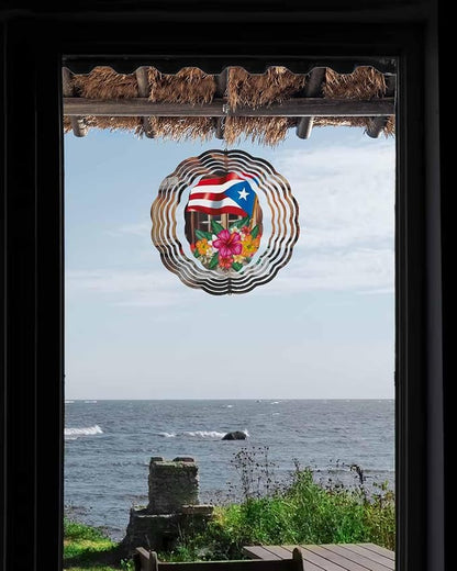 Wind Spinners for Yard and Garden - 3D Stainless Steel Hanging Spinners Indoor/Outdoor Kinetic Yard Art - Round Wind Chime 7.8 Inch, Puerto Rico Flag and Hibiscus in Barn