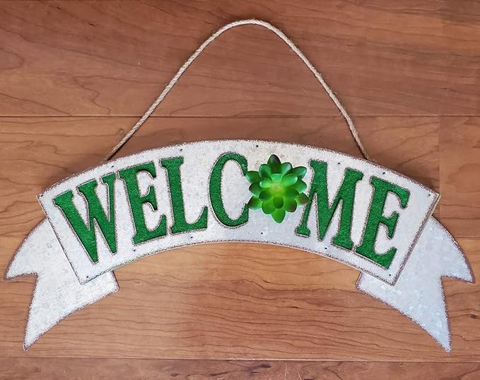 Rustic Farmhouse Welcome Sign Galvanized Metal Sign Green Lettering with 3-D Green Succulent Accent for Entrance, Porch, Patio, Wall Decor, Indoor/Outdoor