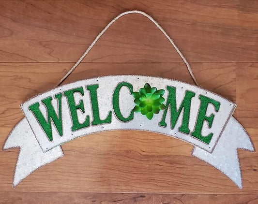 Rustic Farmhouse Welcome Sign Galvanized Metal Sign Green Lettering with 3-D Green Succulent Accent for Entrance, Porch, Patio, Wall Decor, Indoor/Outdoor