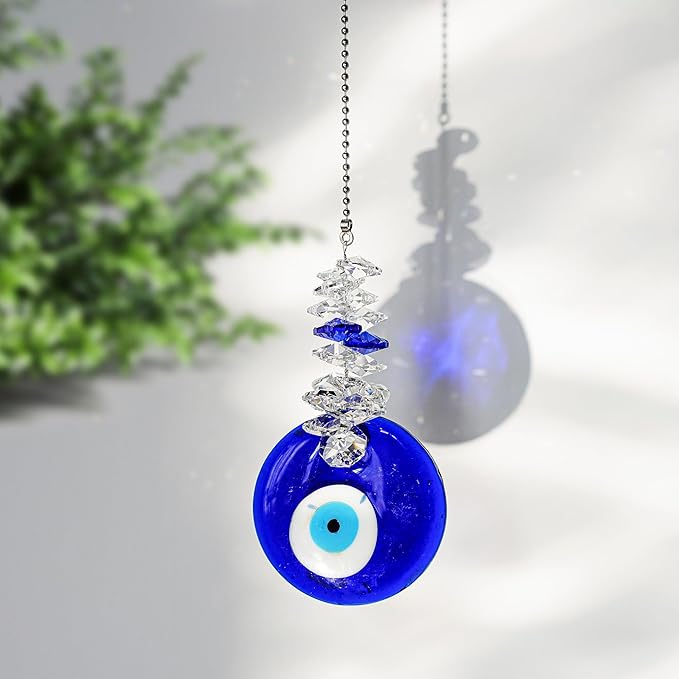 4.5inch Blue Glass Evil Eye Talisman with Crystal Beads - Good Luck Charm, Home, Office, Car Decoration, Blessing Ornament for Christmas Tree, Reflects Negative Energy