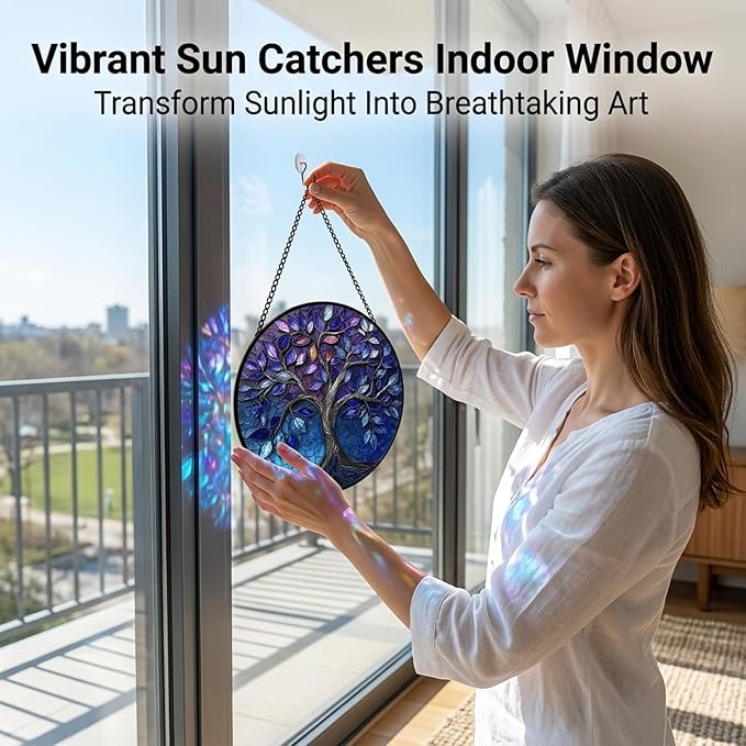 Birthday Gifts for Women - Blue Tree of Life Faux Stained Glass Window Hanging Sun Catcher for Door Garden Acrylic Decor Mother's Day Christmas for Mom Nana Grandma Sisters Wife 7.8"