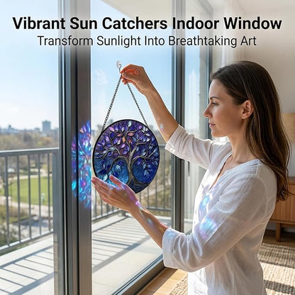Birthday Gifts for Women - Blue Tree of Life Faux Stained Glass Window Hanging Sun Catcher for Door Garden Acrylic Decor Mother's Day Christmas for Mom Nana Grandma Sisters Wife 7.8"