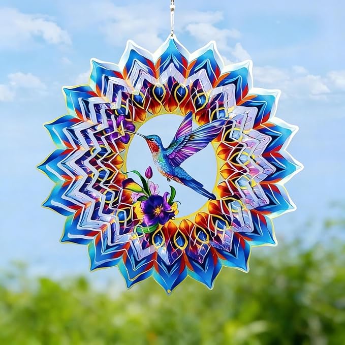 Hummingbird Metal Wind Spinner, 9 Inch Hanging Garden Decor for Patio, Porch, Balcony or Yard, Colorful Hummingbird Gift for Women, Mom, Grandma or Wife
