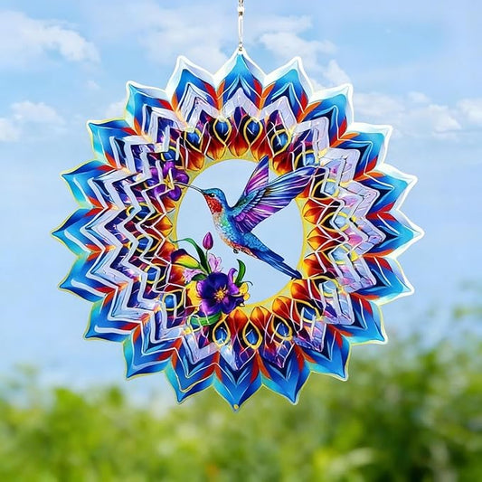 Hummingbird Metal Wind Spinner, 9 Inch Hanging Garden Decor for Patio, Porch, Balcony or Yard, Colorful Hummingbird Gift for Women, Mom, Grandma or Wife