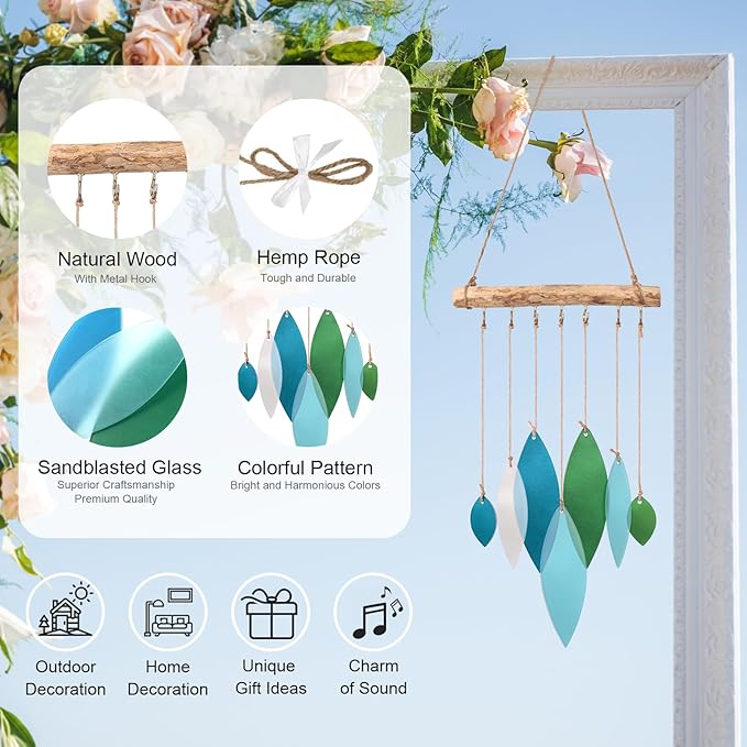 Sea Glass Wind Chimes Art Decor - Stained Glass Suncatcher Window Hanging, Driftwood Hand Crafted Design Beach Wind Chimes - Patio Garden Yard Decor Home Decor (Blue & Green)