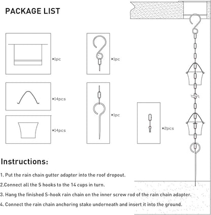 Rain Chain Set 8.5 Ft,Not Rust Wrought Iron Rain Chains for Gutters with Adapter Gotta Drain and Anchoring Stake, 14 Cups, 1 Hook, Adjustable Length for Garden Decorative (Coffee)