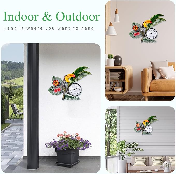 Toucan Outdoor Clock Silent Non-Ticking, Indoor Outdoor Clock and Thermometer Combo, Outside Wall Clock Metal Wall Art Decor for Patio, Garden, Home Decor