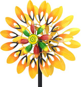 Metal Sunflower Wind Spinner Outdoor, 13" W x 64" H Large Double Windmill Pinwheels with 5 Prong Stake, Kinetic Wind Sculpture for Backyard Garden Patio Lawn Art Decor Yellow