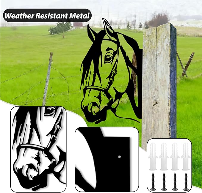 Peeping Metal Horse Wall Art - Garden Fence Decorations for Outdoor, Farmhouse Yard Art, 11.65" x 9.06" Black Horse Silhouette for Tree, Fence, or Barn (Screws Included)