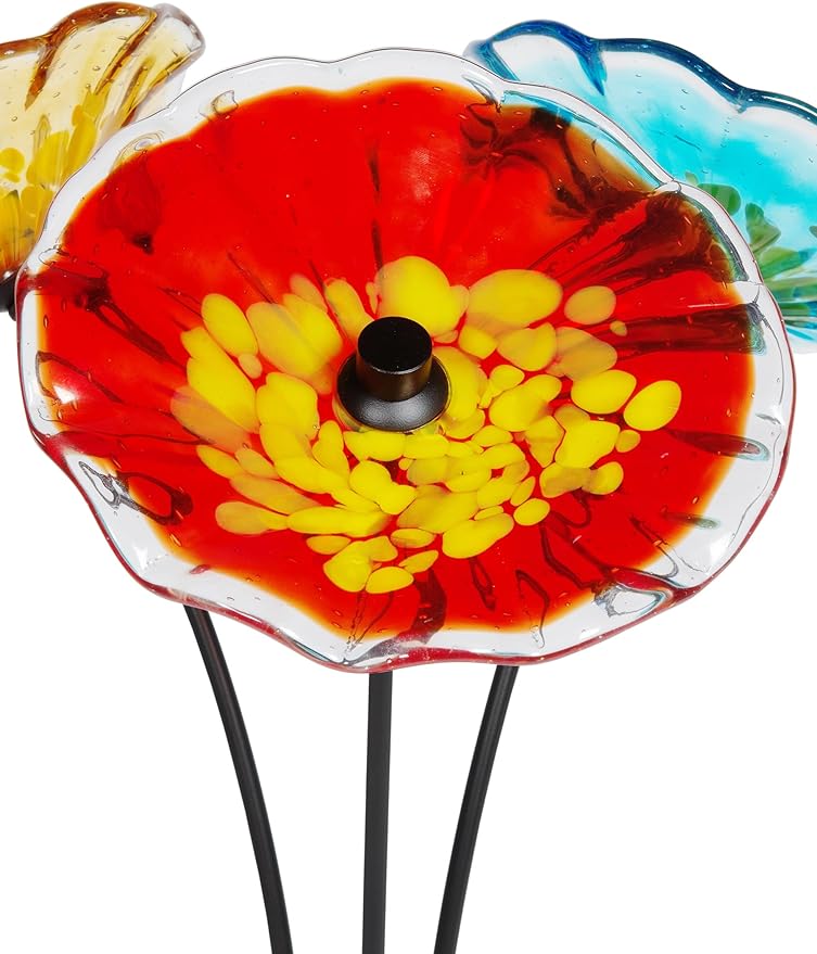 Dale Tiffany AS23098 Fiore Bloom Hand Blown Glass Flower Art Glass Sculpture with Metal Stand for Indoor Garden Patio Decoration, Multi Color, 3-Plate 22" Tall