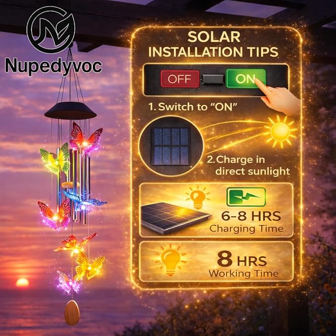 36” Butterfly Aluminum Tube Solar Light LED Wind Chime for Outside, Weather Resistant Decoration Outdoor Garden Patio Soft Tone Decor, Gift for Birthday, Mother's Day, Relaxation