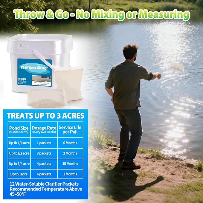 Pond Water Cleaner, 12 Packets Natural Pond Clarifier Treatment for Improving Water Clarity, Eliminate Odor, Cleaner and Clear for Outdoor Ponds & Lakes, Safe for Fish, Pets, Livestock and Swimming