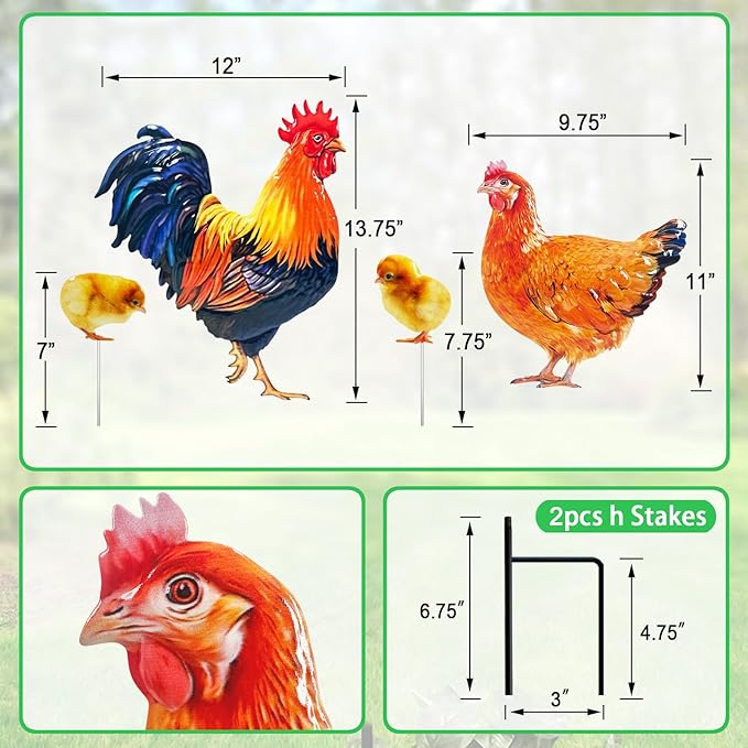 Metal Chicken Outdoor Decor,4 Pack Realistic Hen and Rooster Yard Stakes for Outside,Patio,Garden and Lawn Ornaments