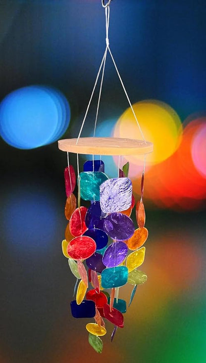 Top Brass 24” Rainbow Windchime – Unique Capiz Seashells with Square and Round Shells – Blue, Green, Red, Orange, Yellow, Purple and Aqua - Soothing Soft Sounds - Hanging Outdoor Porch Patio Décor
