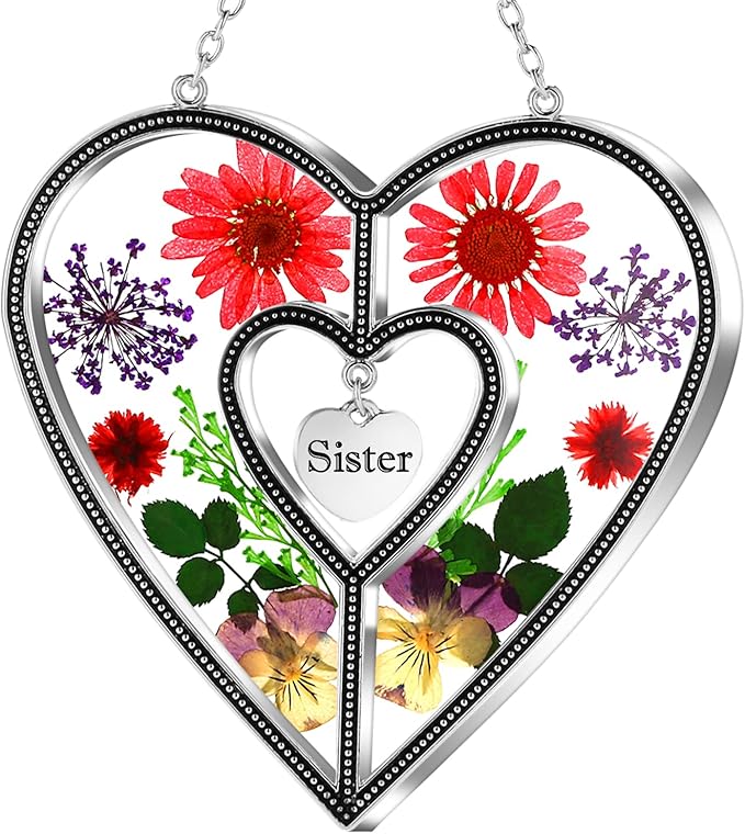 KY&BOSAM Heart Suncatcher Sister Stained Glass Panels Hangings for Windows Sun Catchers with Pressed Real Flower Heart in Glass Birthday Gifts for Women Mothers Day Home Garden Christmas Ornament