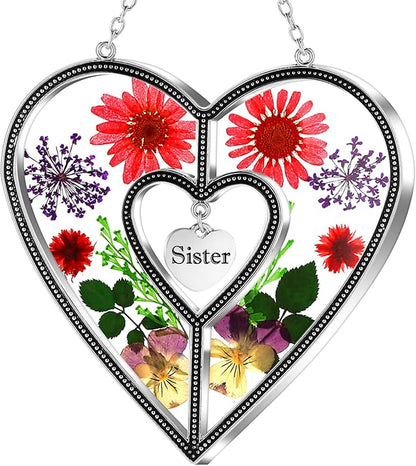 KY&BOSAM Heart Suncatcher Sister Stained Glass Panels Hangings for Windows Sun Catchers with Pressed Real Flower Heart in Glass Birthday Gifts for Women Mothers Day Home Garden Christmas Ornament